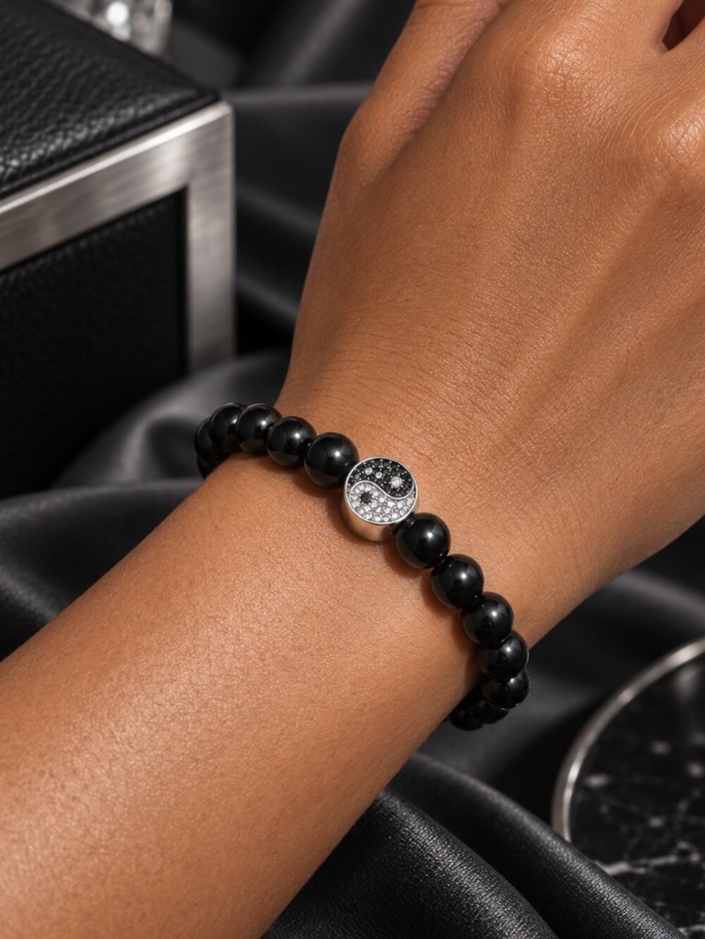 Obsidian Bracelet with S925 Sterling Silver Yin Yang Charm | 6.5"